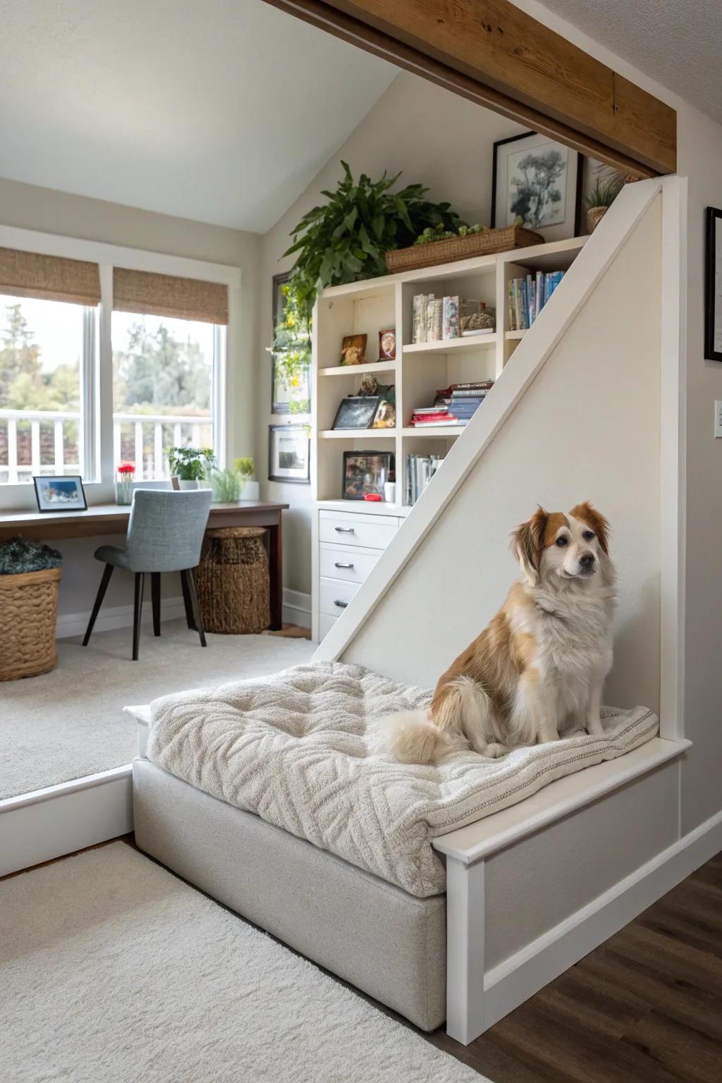 A raised platform dog nook offers a plush bed and a royal view of the room.