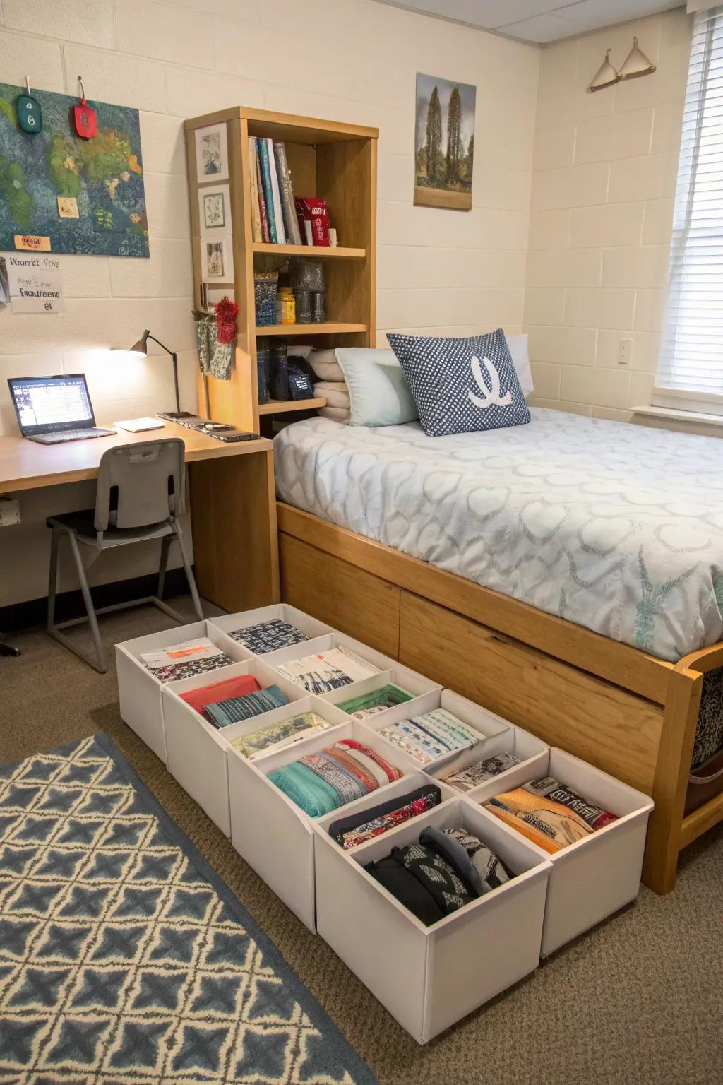 Dorm room under-bed storage options that make the most of available space.