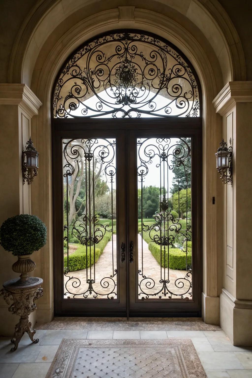 Ornamental iron details that fill the doors with ageless beauty.