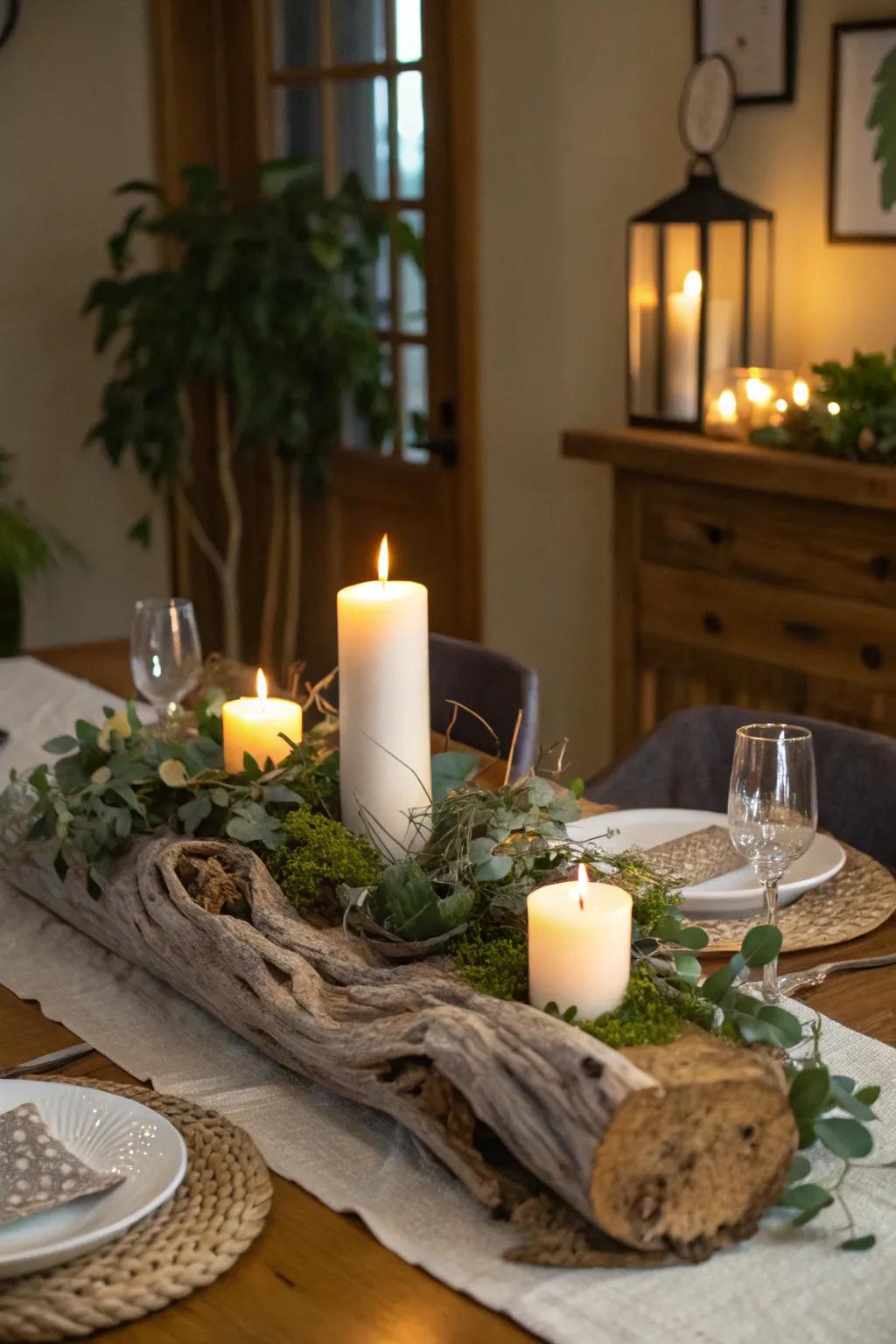 Fashion an enthralling table setting with a timber centerpiece.