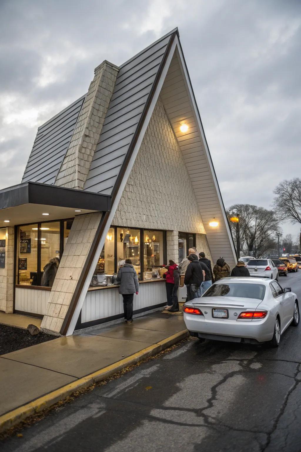 Drive-thru coffee shop with an eye-catching uneven design.