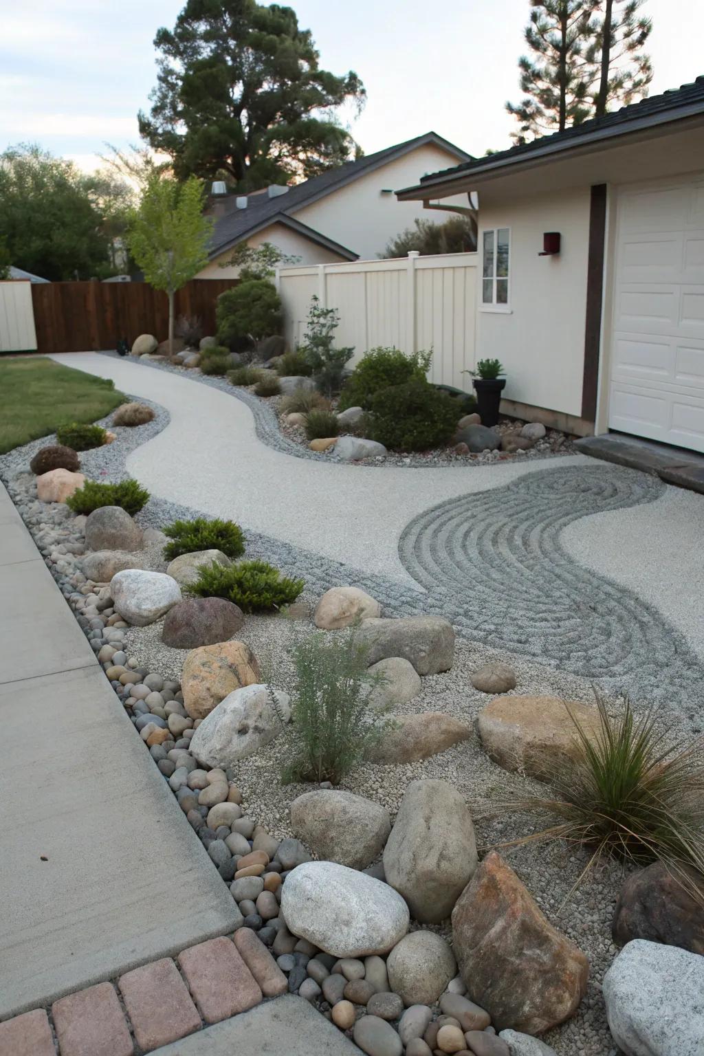 A Zen rock garden contributes serenity to the driveway berm.