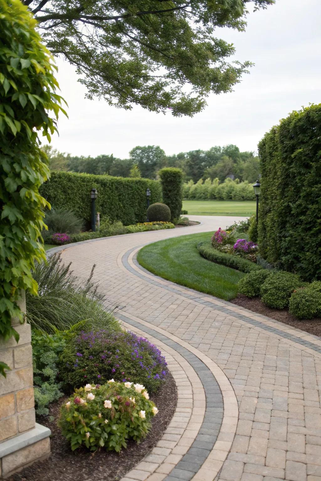 Dynamic flow featuring curved driveway paths and lush surroundings.