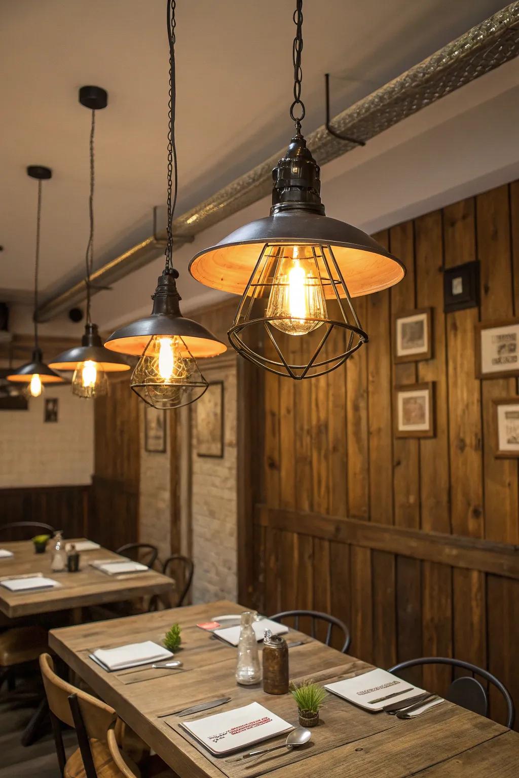 Old factory pendants inject timeless charm to this eating space.