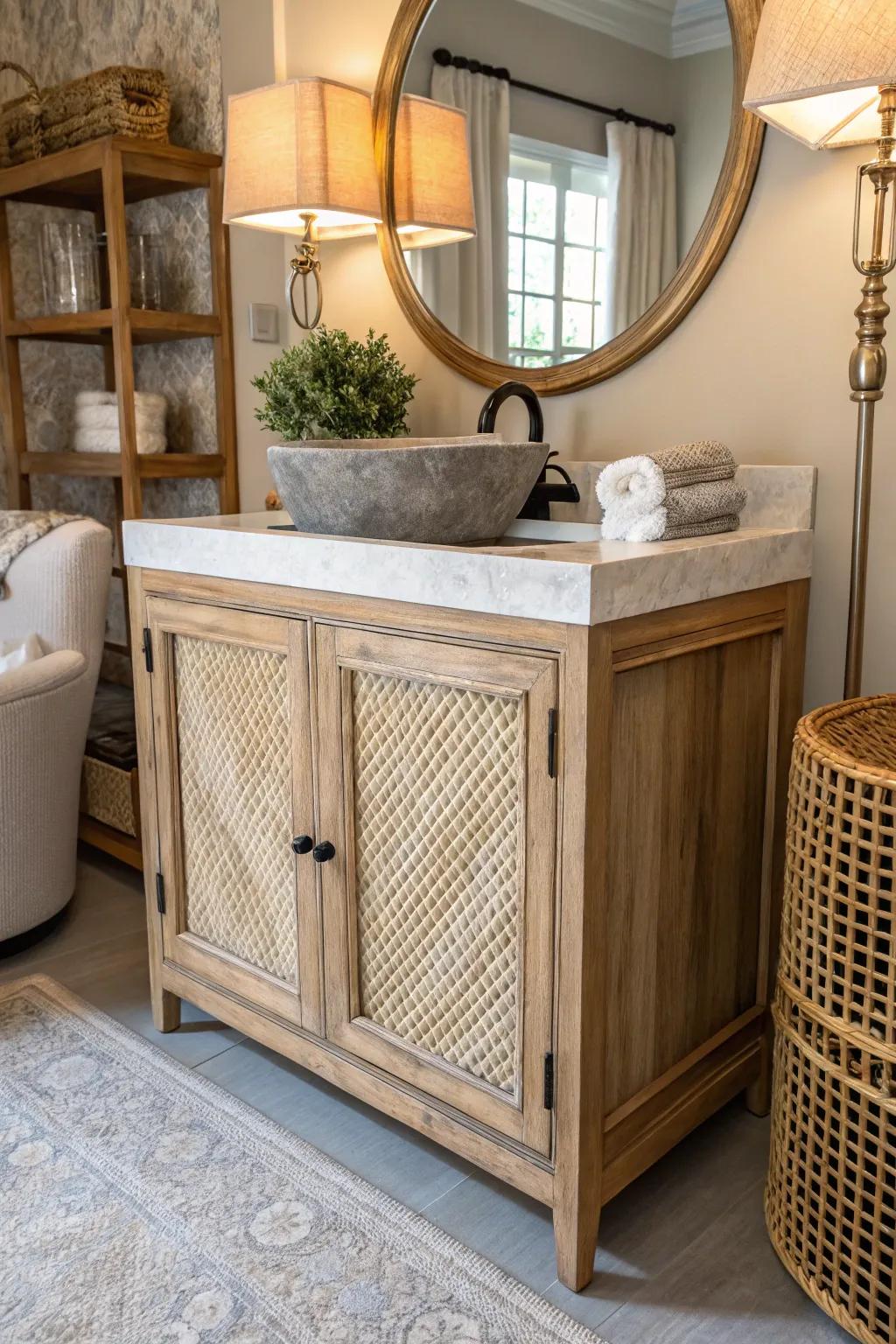 Wickerwork adds texture and bohemian flair to this cabinet sink.