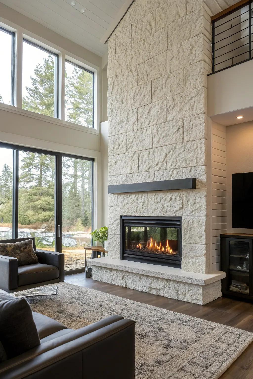 Textured surfaces enhance the visual magnetism of a drywall fireplace.