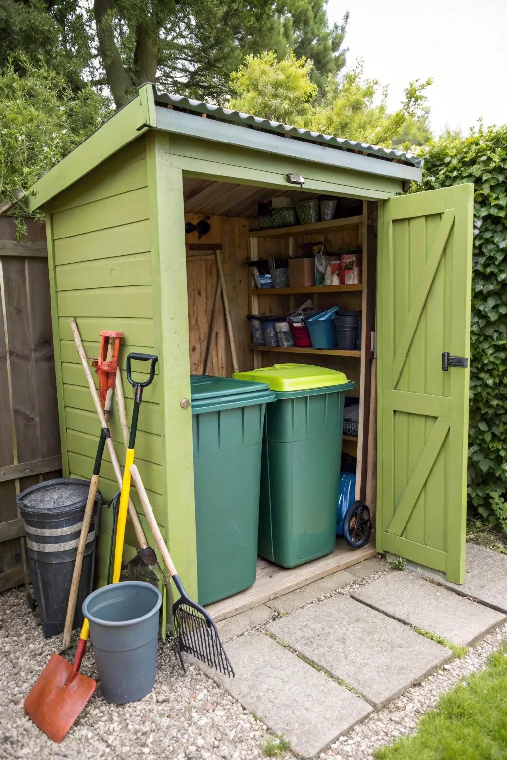 Garden sheds offer functional storage and conceal trash receptacles.