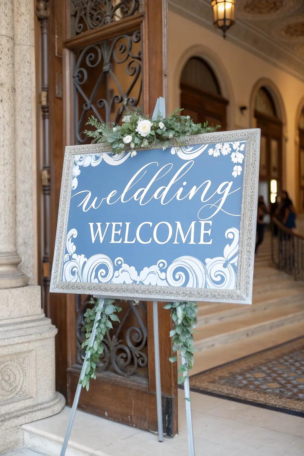 Stylish ceremony signage featuring soft teal accents, welcoming visitors with elegance.