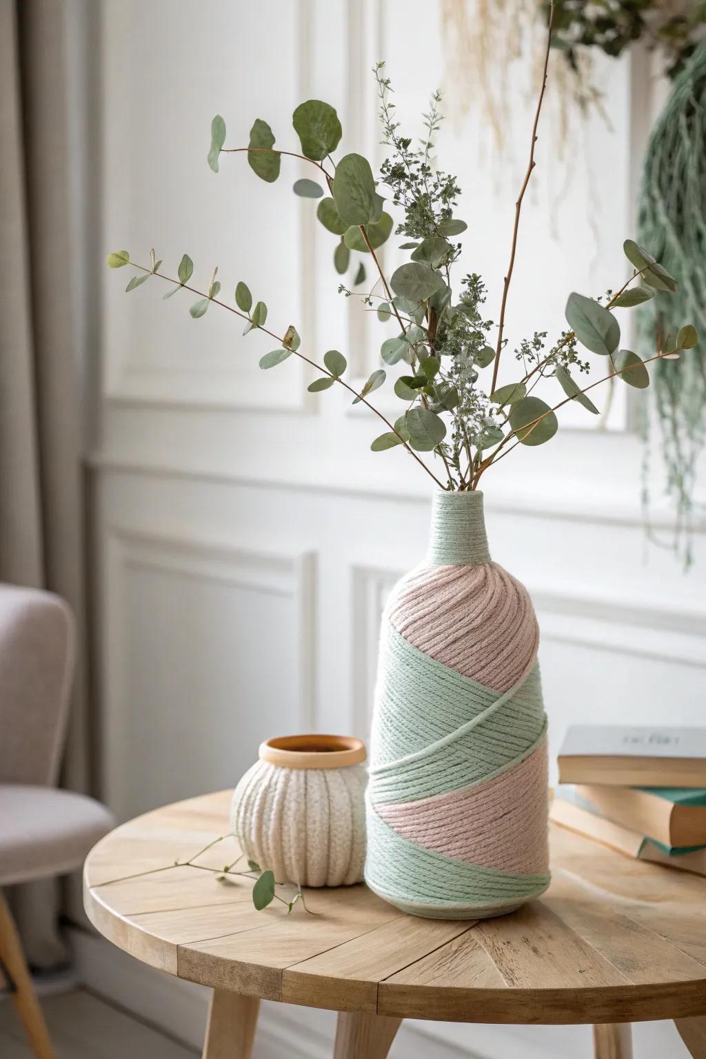 Incorporate a hint of cozy elegance to your space with a charming thread-wrapped vase—perfect for springtime refreshment!