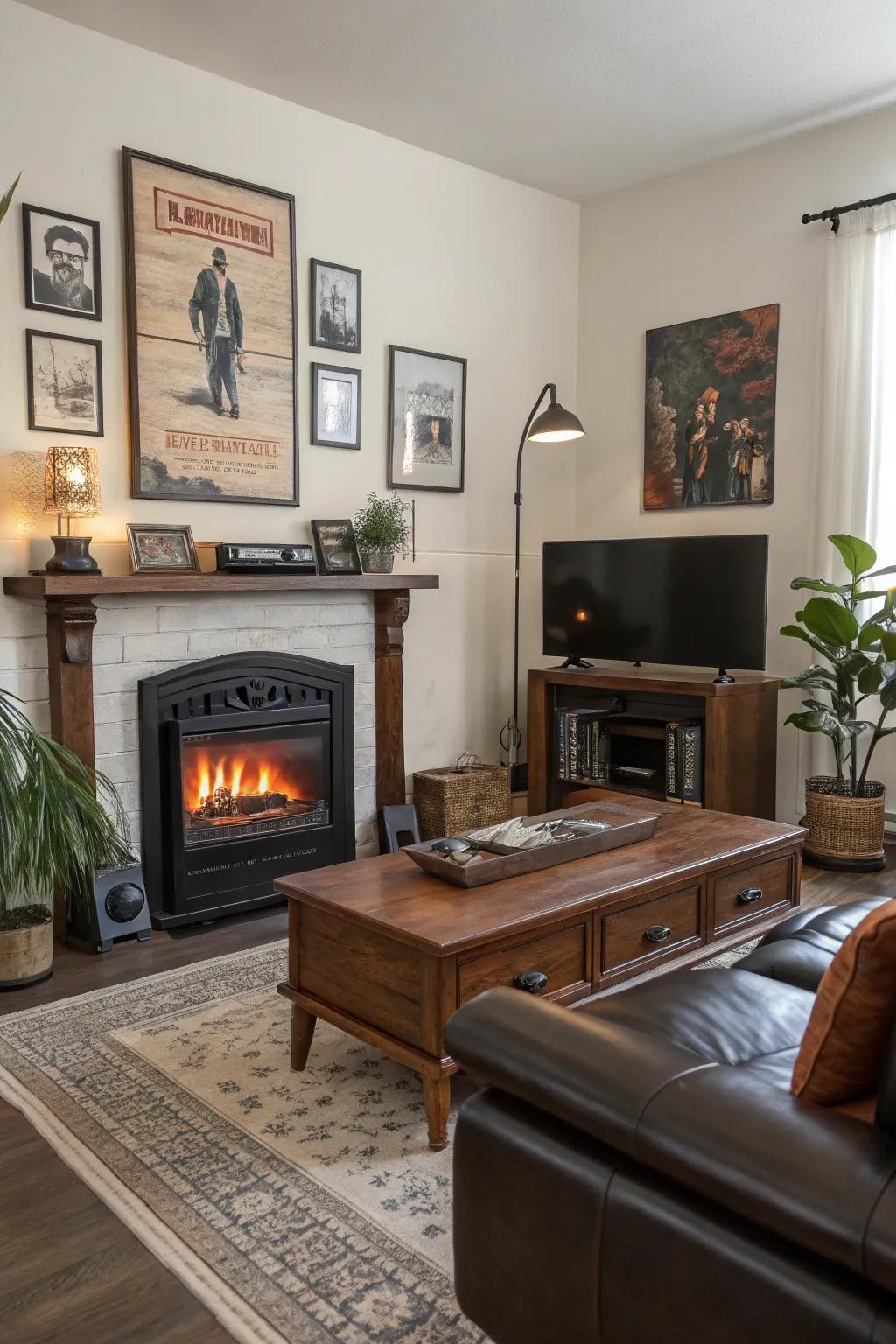 A living space mixing vintage decor and a contemporary electric heat center