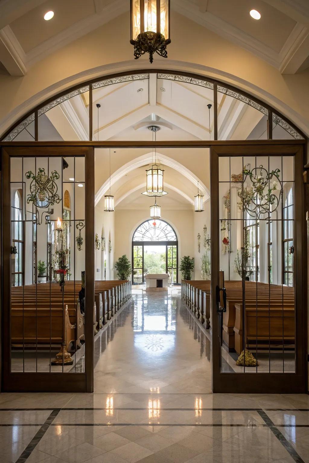 Crystalline aspects in the church foyer promote an open and connected ambiance.