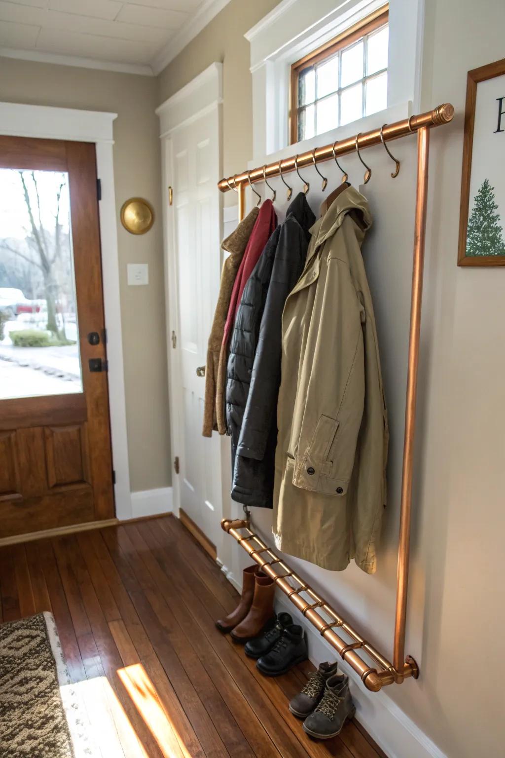 Give your space an industrial look with a coat hanger you make from copper pipes.