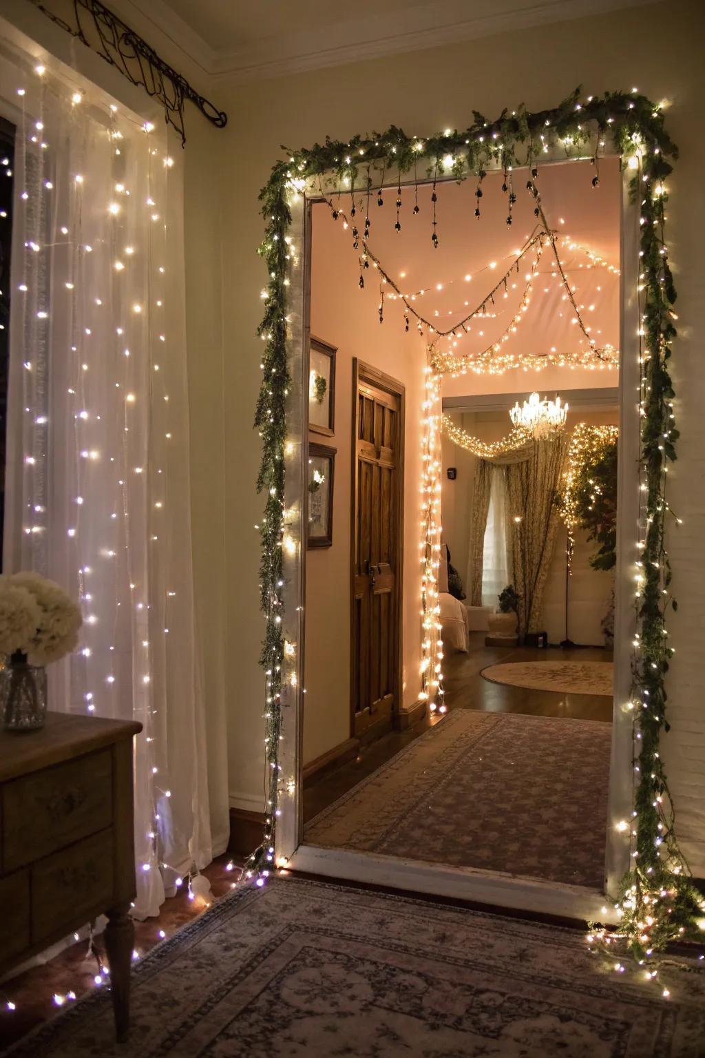An entryway featuring fairy lights that foster a playful and magical ambiance.