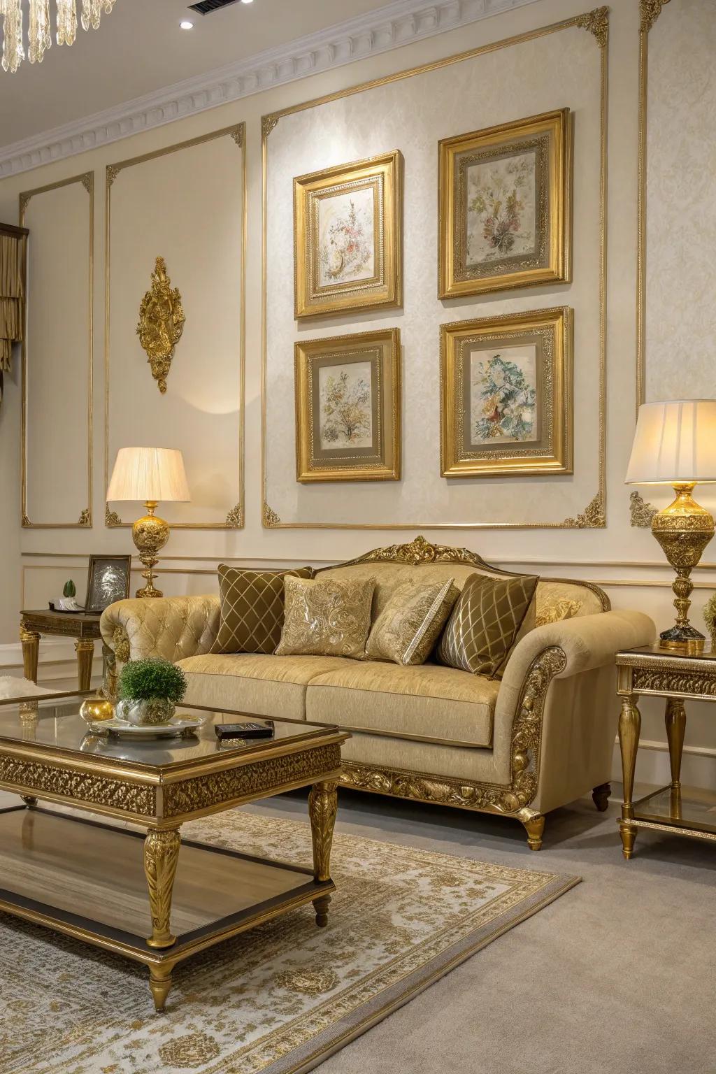 Gold accents impart a glimmer of luxury to this European-style living area.