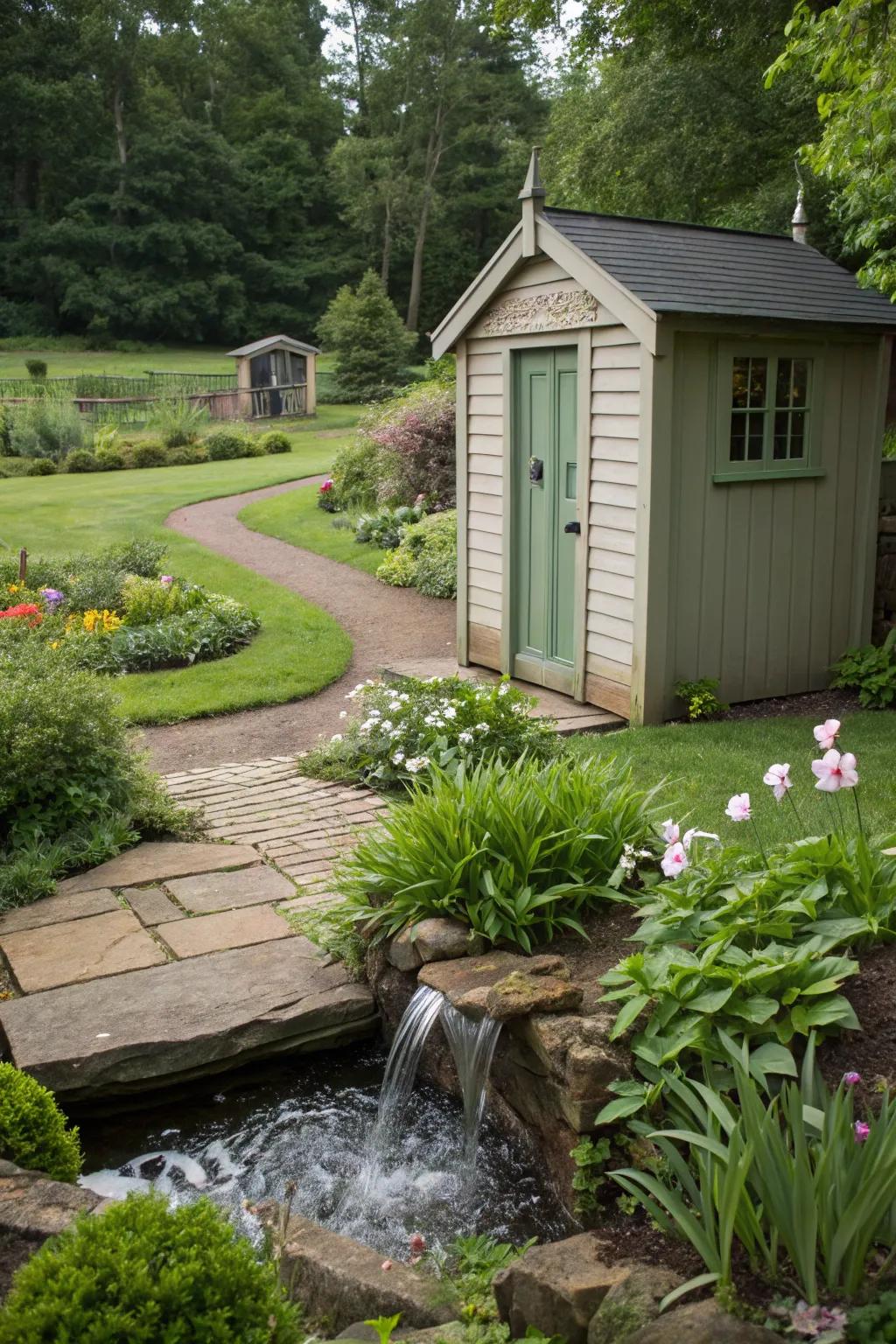 A water feature adds tranquility and charm.
