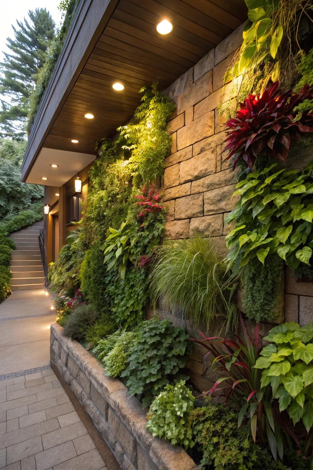 A vibrant standing garden adds life to an exit basement wall.