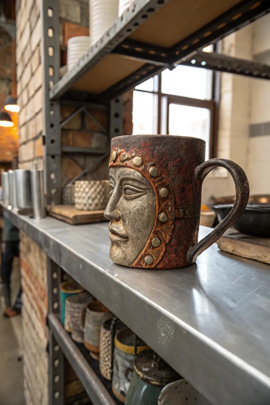 A mixed media facial mug that gives a unique tactile experience.