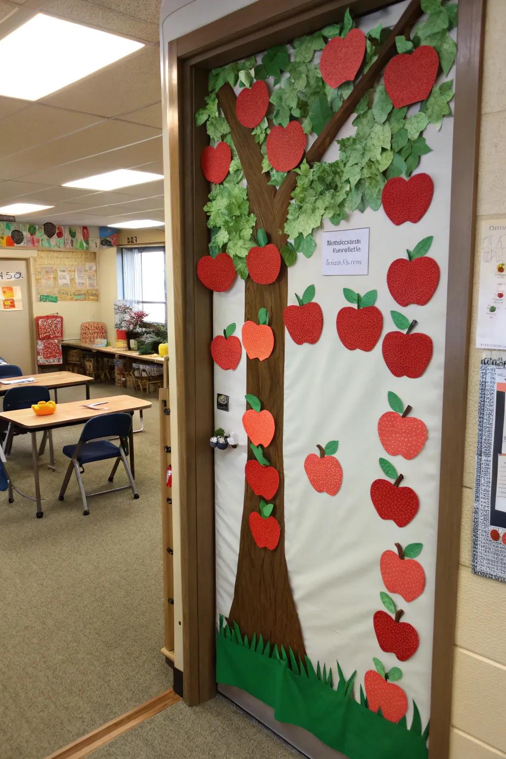 Fruit grove-themed door employing dynamic hanging components.