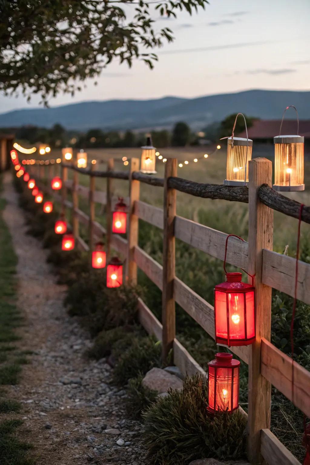 Lanterns brimming with candles cast a warm radiance on the fence.