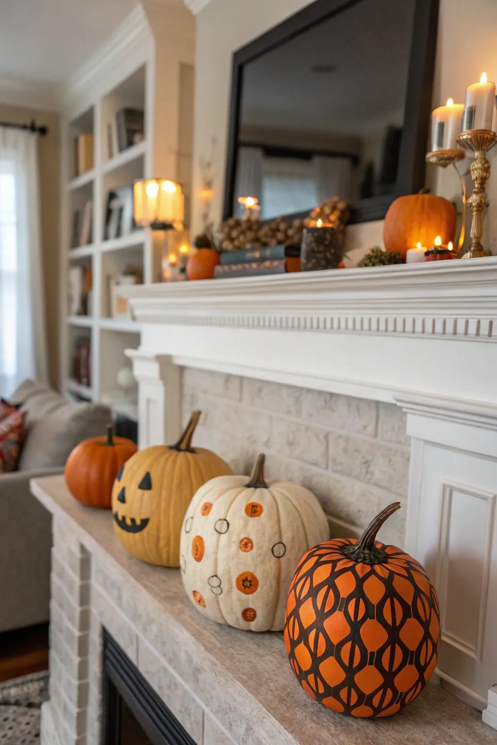 An autumnal fireplace with creatively embellished squashes.