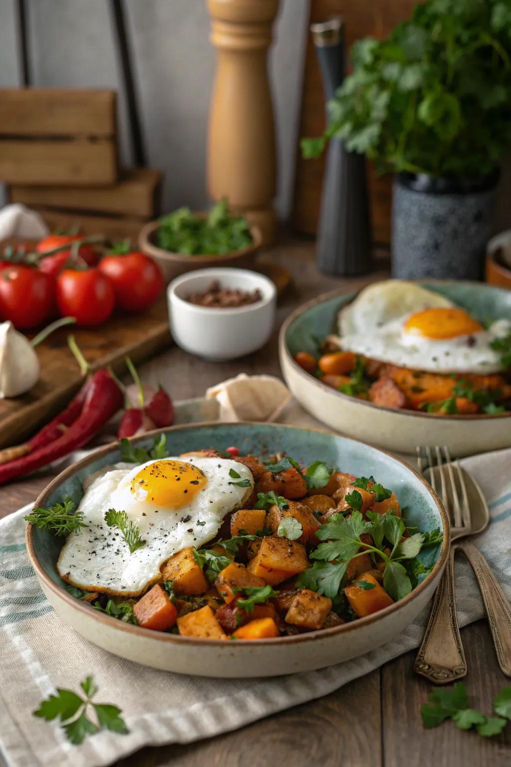 Eggs with sweet potato hash create a vibrant and hearty meal.