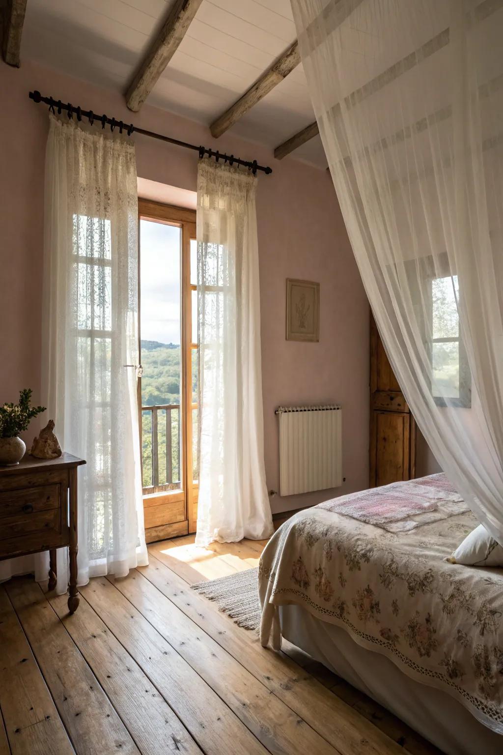 Gossamer coverings gently sifting light to conceive a serene countryside bedchamber.