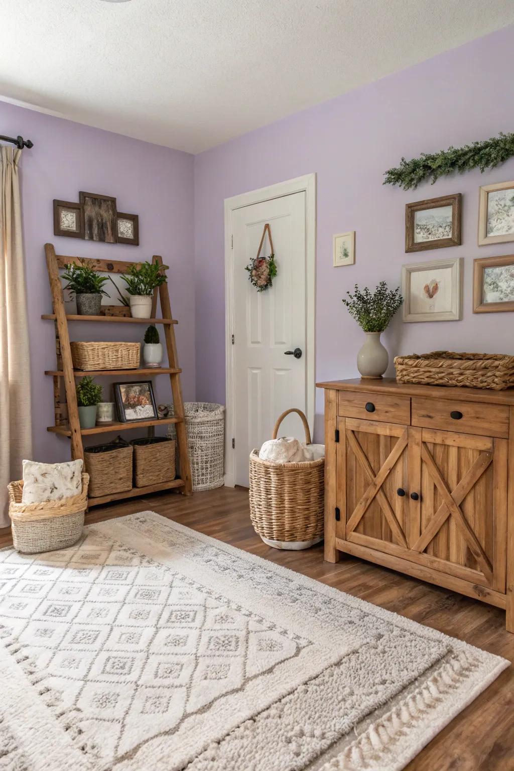 Pale lavender walls offer a fresh, airy sensation to this farmhouse space.