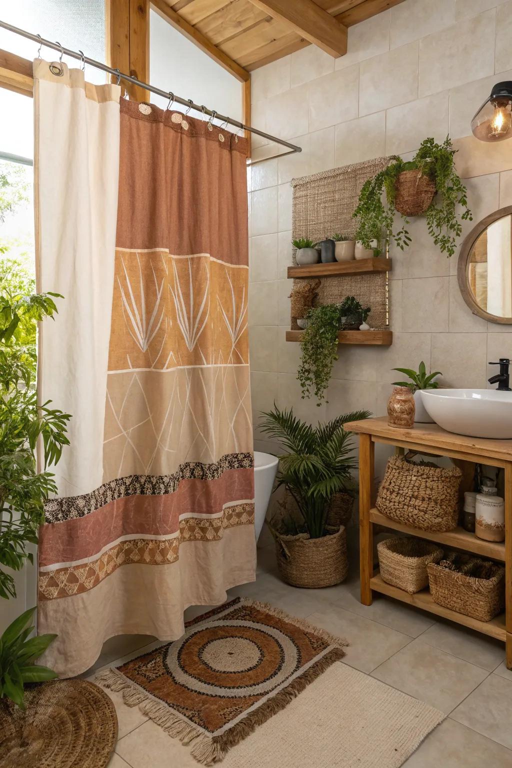 A lavatory with a ground tone shower drape and natural decor elements.