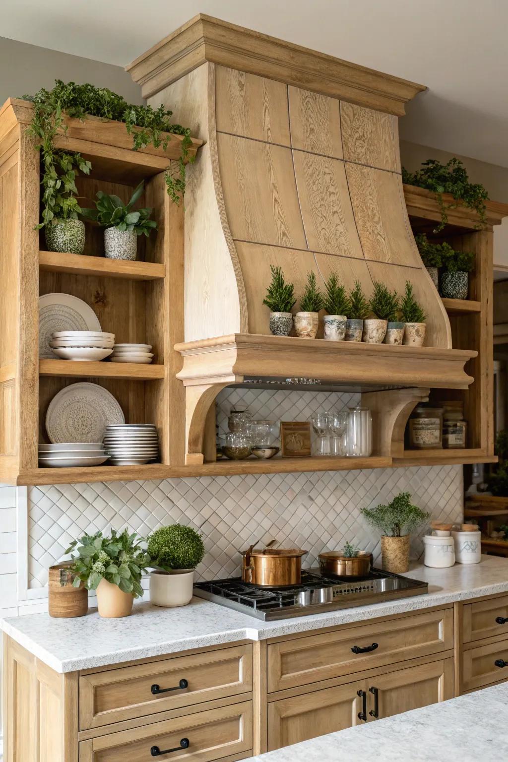 Open racks integrated with a vent hood integrate charm and functionality.