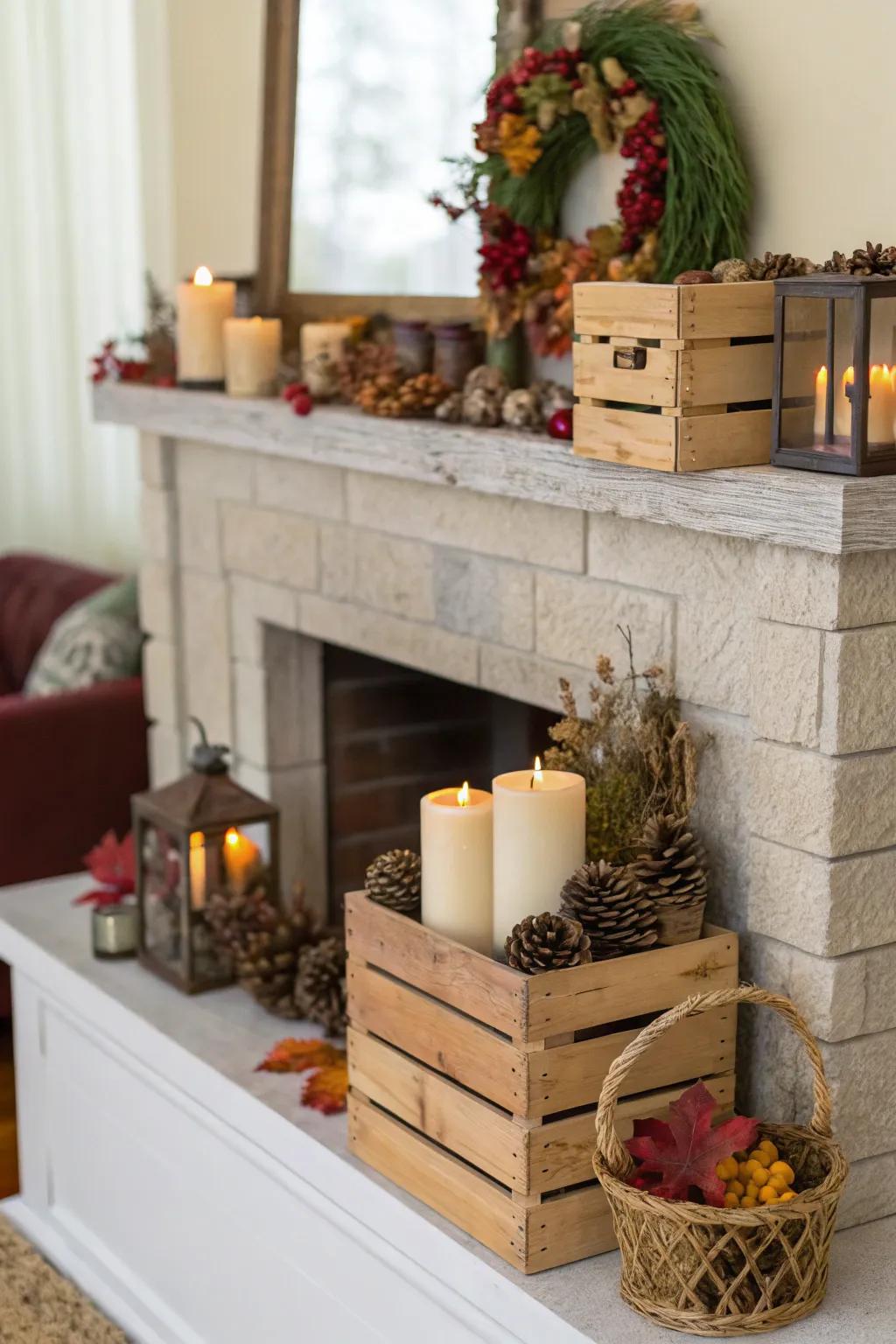 Create a comfortable mantel display with boxes.