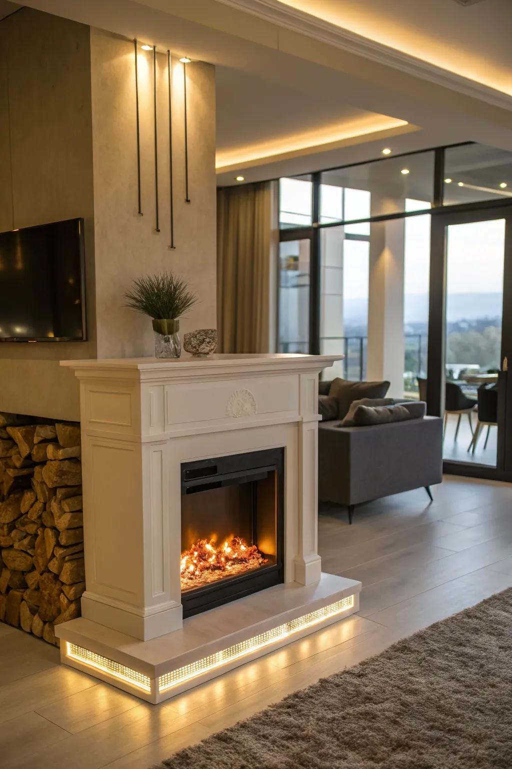 An artificial fireplace featuring LED lighting which casts a plausible warm radiating effect.