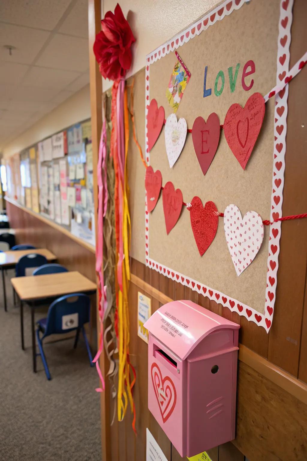 A mailbox-themed bulletin board for depositing valentine notations.