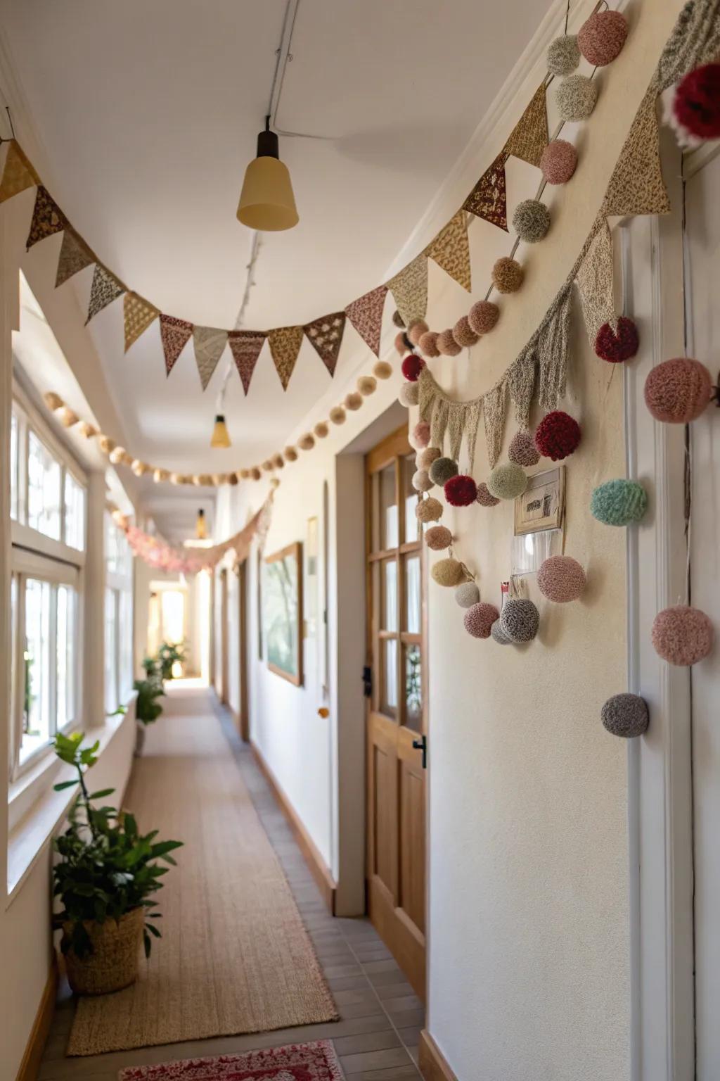 Unique felt garlands create a vibrant and eye-catching entrance.