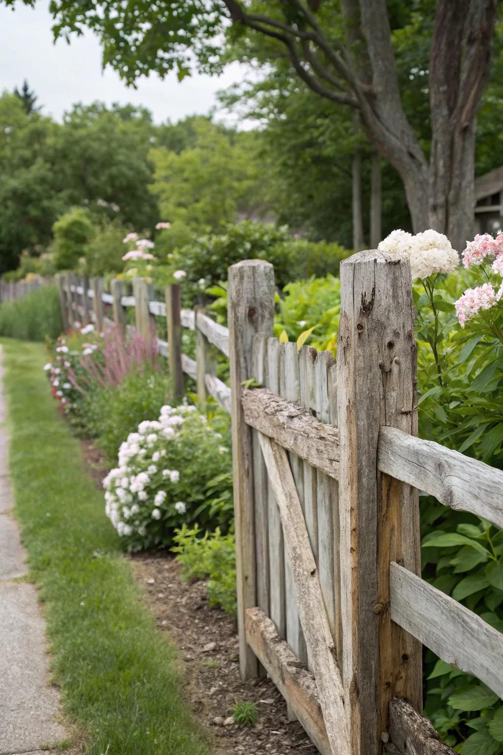 Recovered lumber fences bring rural charm to your garden.