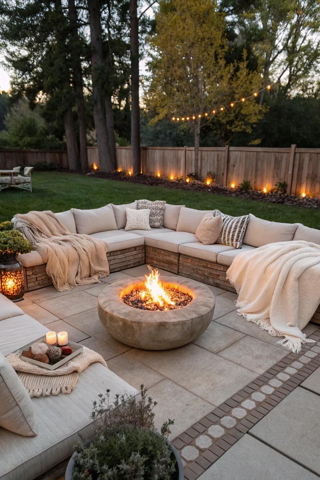 Lavish lounging couches offer ultimate comfort around the fire pit.