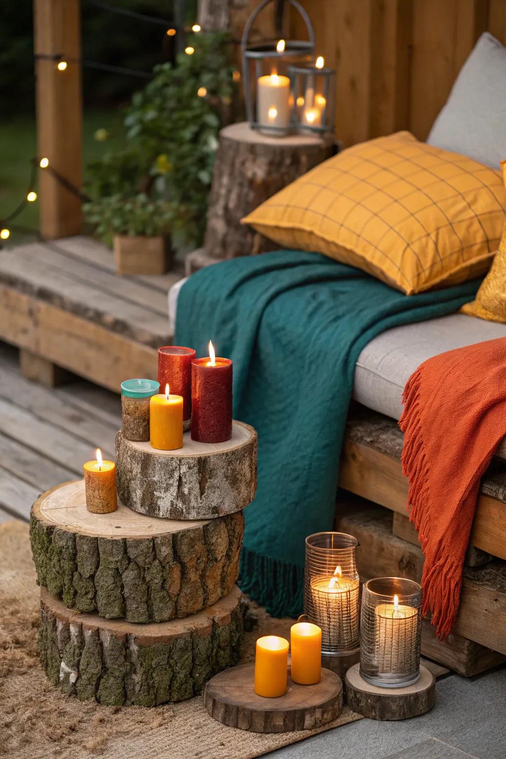 Embrace countryside charm showcasing lamps atop logs appropriate for a comfortable lodge aura.