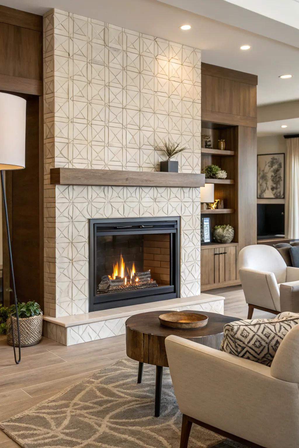 Textured panels enhance the visual appeal of this fireplace.