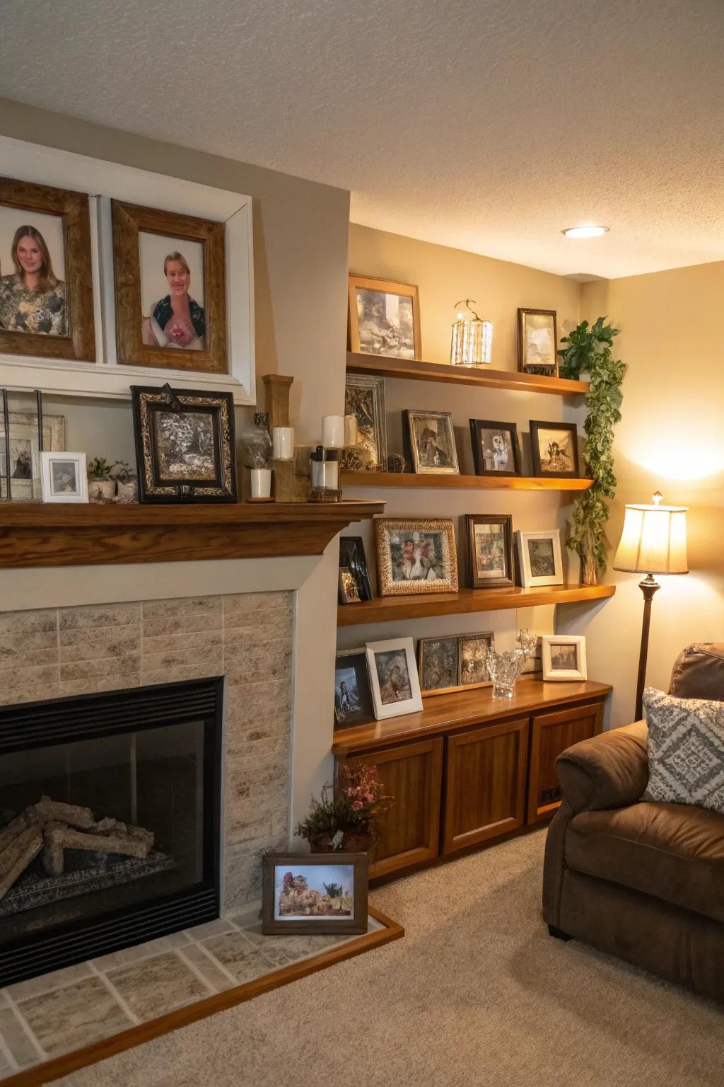 A personal art space featuring family photos introduces coziness.