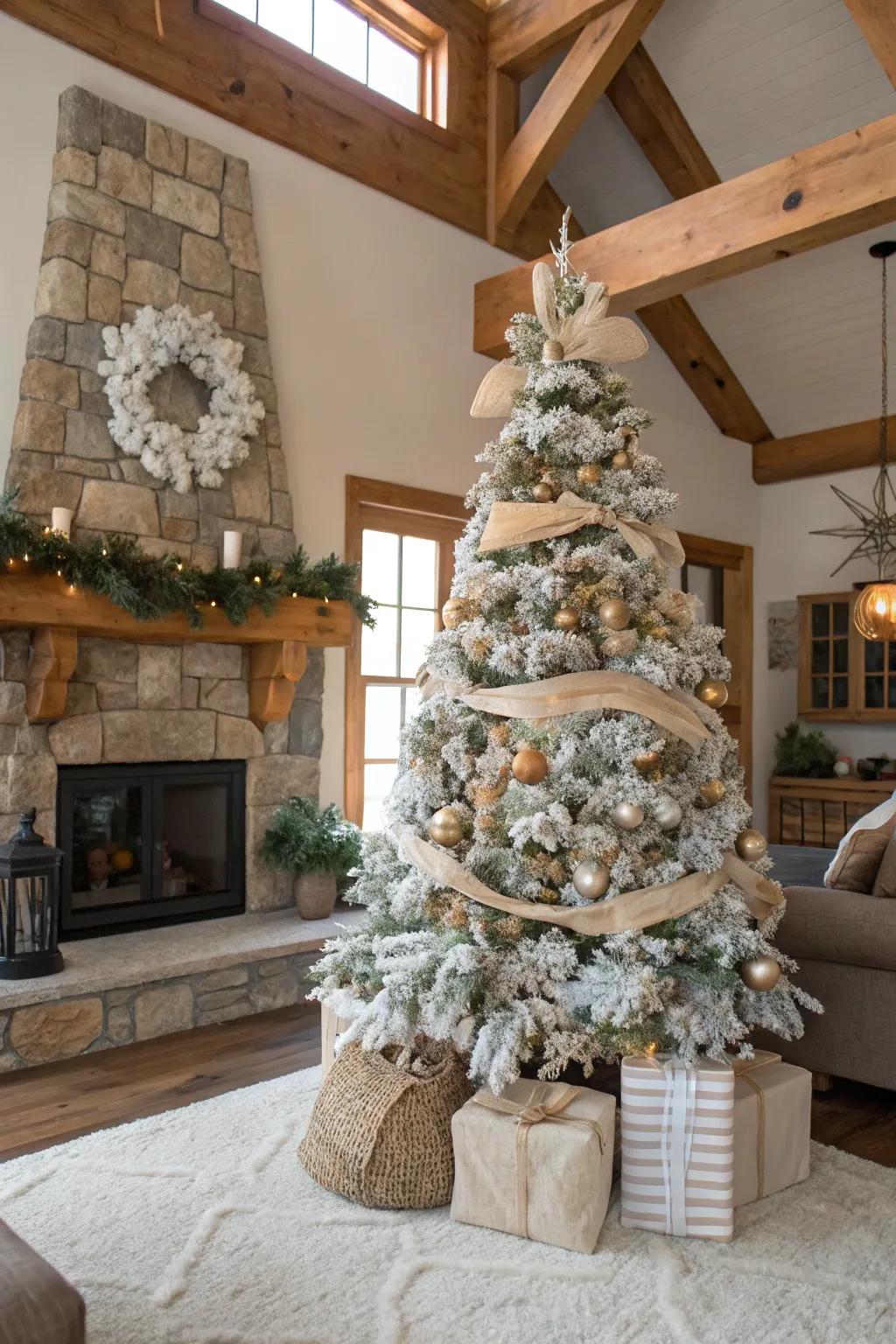A rustic grange-themed flocked Christmas tree.