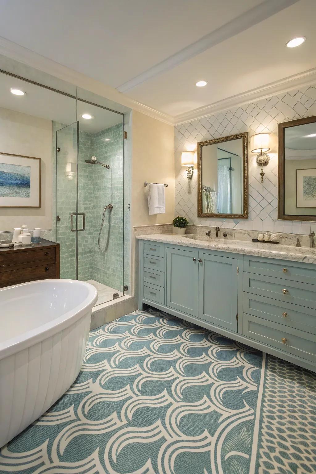 Movement patterns introduce a calming flow to bathing area floors.