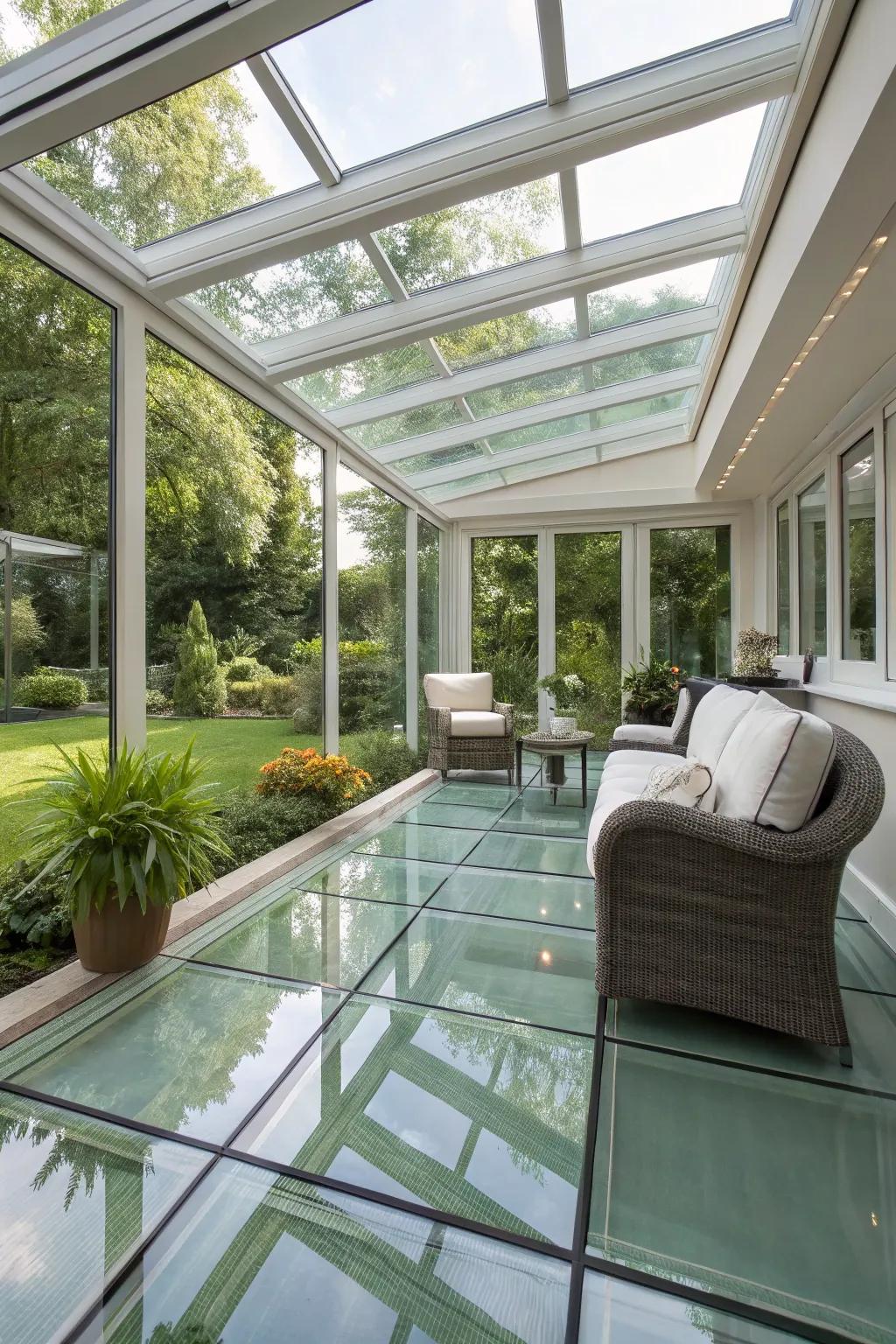 Special sunroom featuring see-through flooring and a garden view.