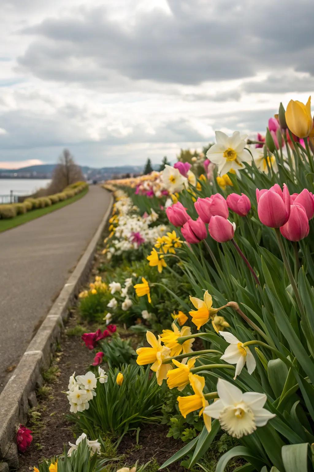 A charming floral perimeter displaying spring bulbs, such as tulips and daffodils in bloom.