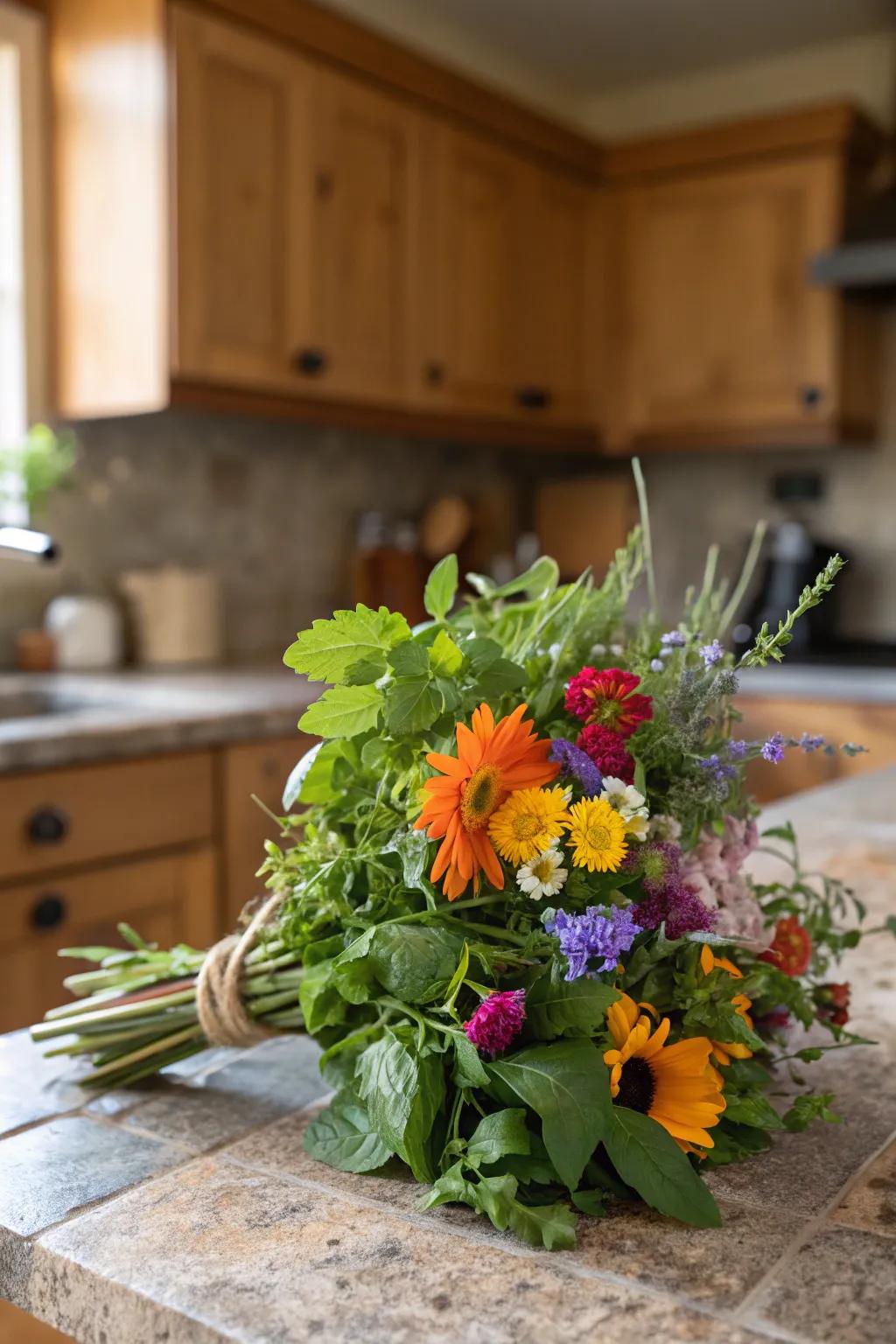 An edible arrangement contributing fragrance and charm to a rustic cooking space.