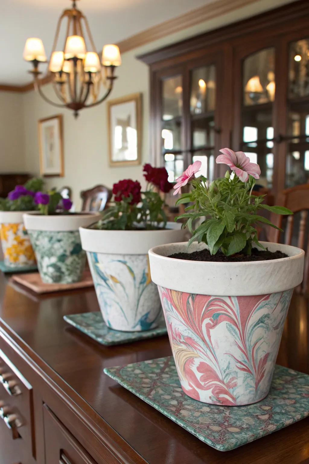 Design a sophisticated appeal using swirled plant pots.