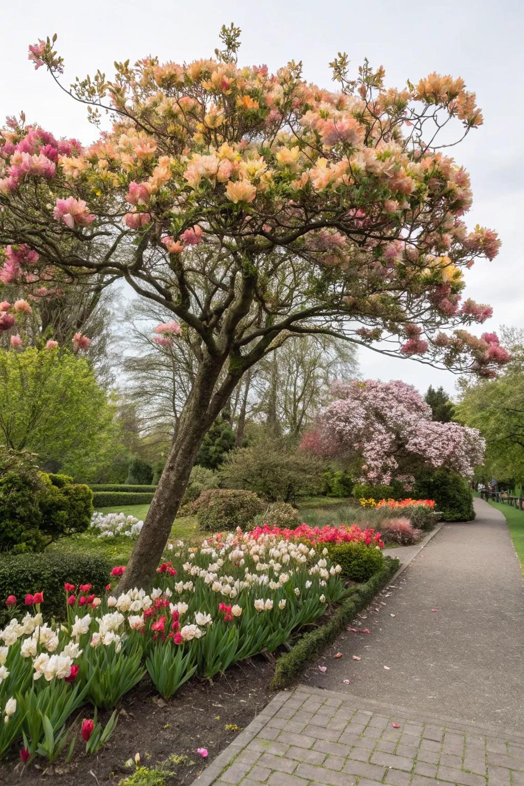 Seasonal blooms ensure this tree's flower bed is always a visual delight.