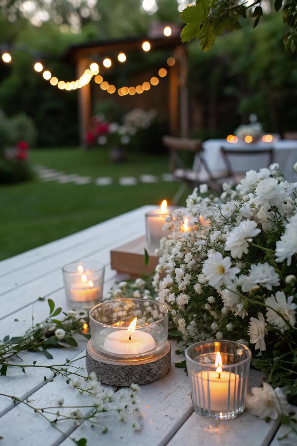 Ivory blooms elevating taper illuminations for alfresco get-togethers.