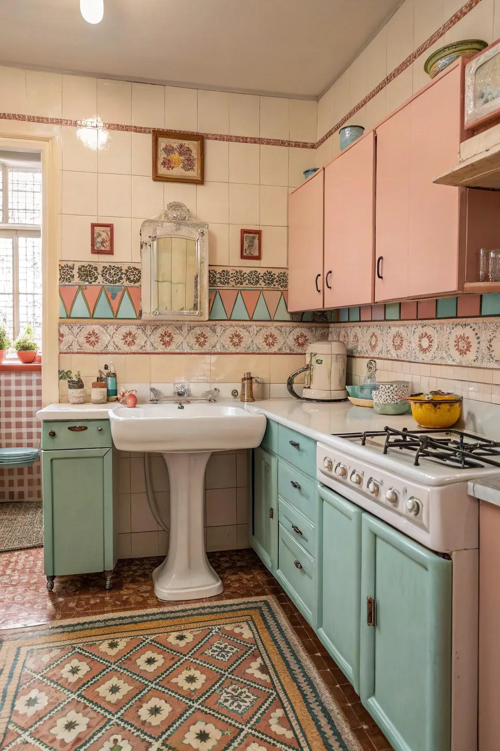 A retro-inspired kitchen area with bold components matching a independent sink.