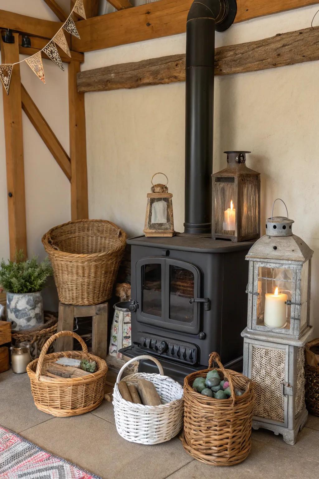 The charm of the fireplace is enhanced by eclectic decorations.