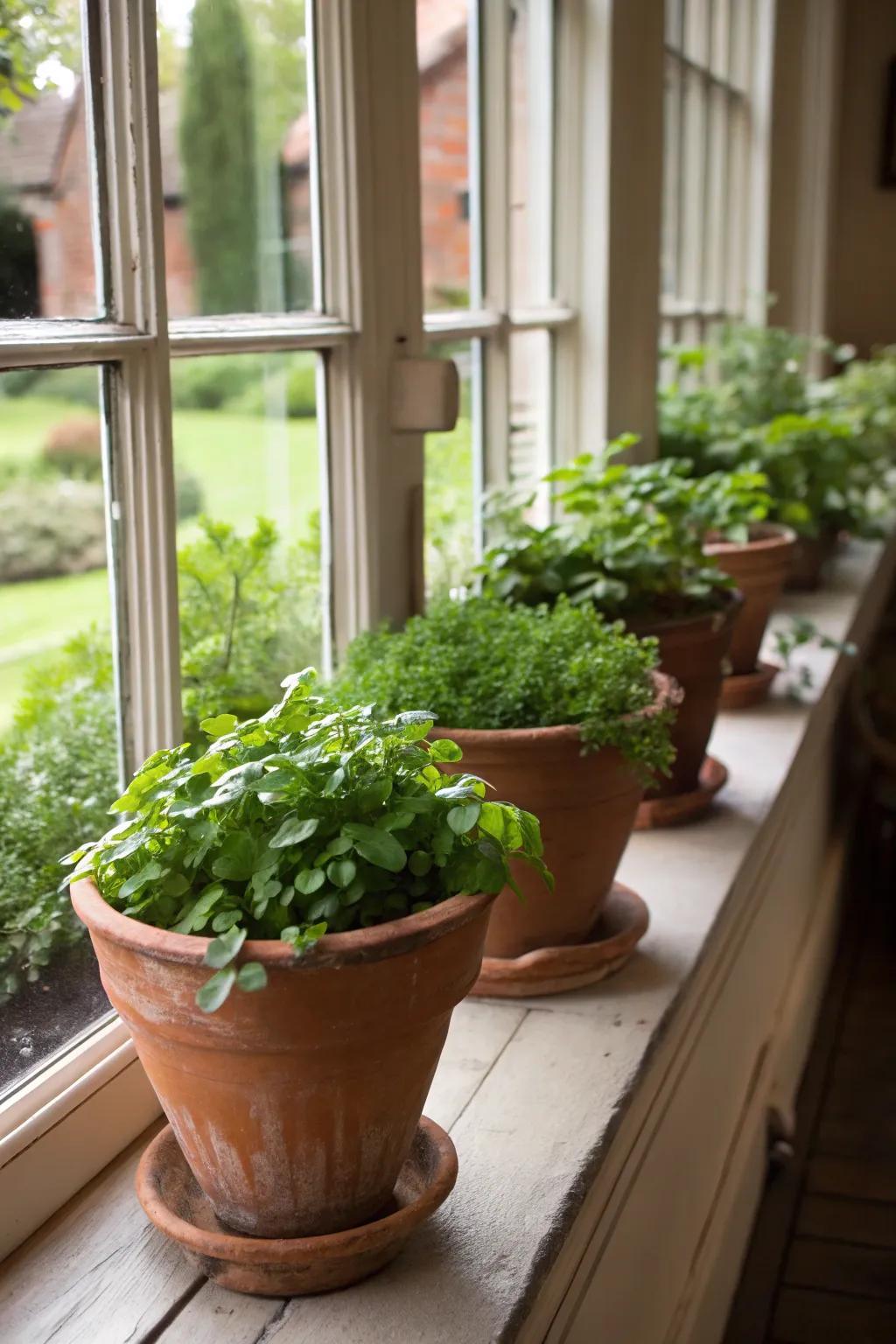 Unglazed pots spread the warmth of the countryside inside.