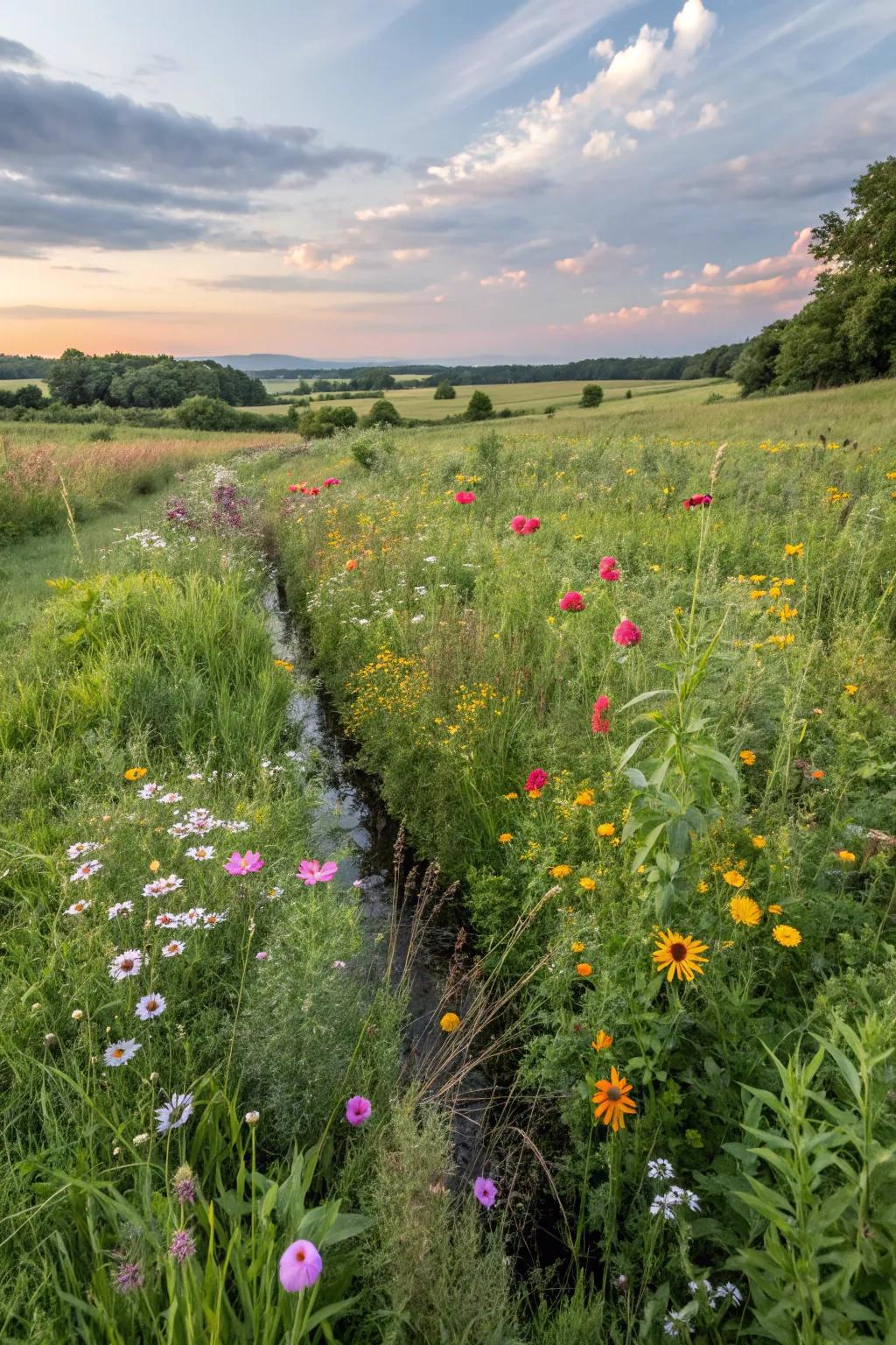 A vibrant wildflower field flourishing around a hidden French drain.